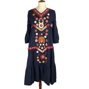 Floryday EMBROIDERY Midi Dress Tiered with Tassels Navy Size Small